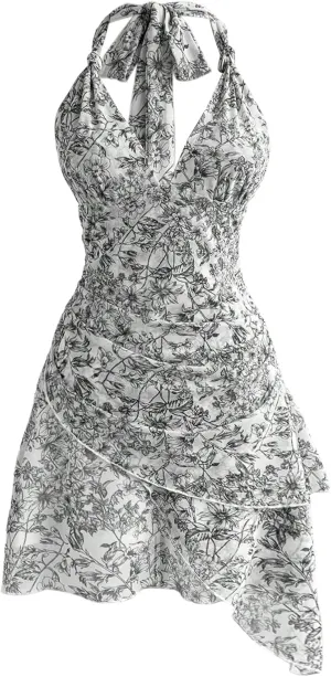 Women's Floral Print Sleeveless Halter Deep V Tie Mini Dress Ruched Backless Slim Fit Cami Dresses Knot Boho Dress
