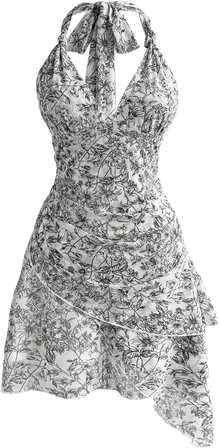 Women's Floral Print Sleeveless Halter Deep V Tie Mini Dress Ruched Backless Slim Fit Cami Dresses Knot Boho Dress