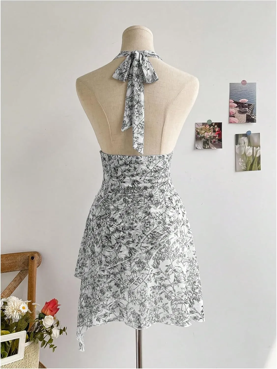 Women's Floral Print Sleeveless Halter Deep V Tie Mini Dress Ruched Backless Slim Fit Cami Dresses Knot Boho Dress