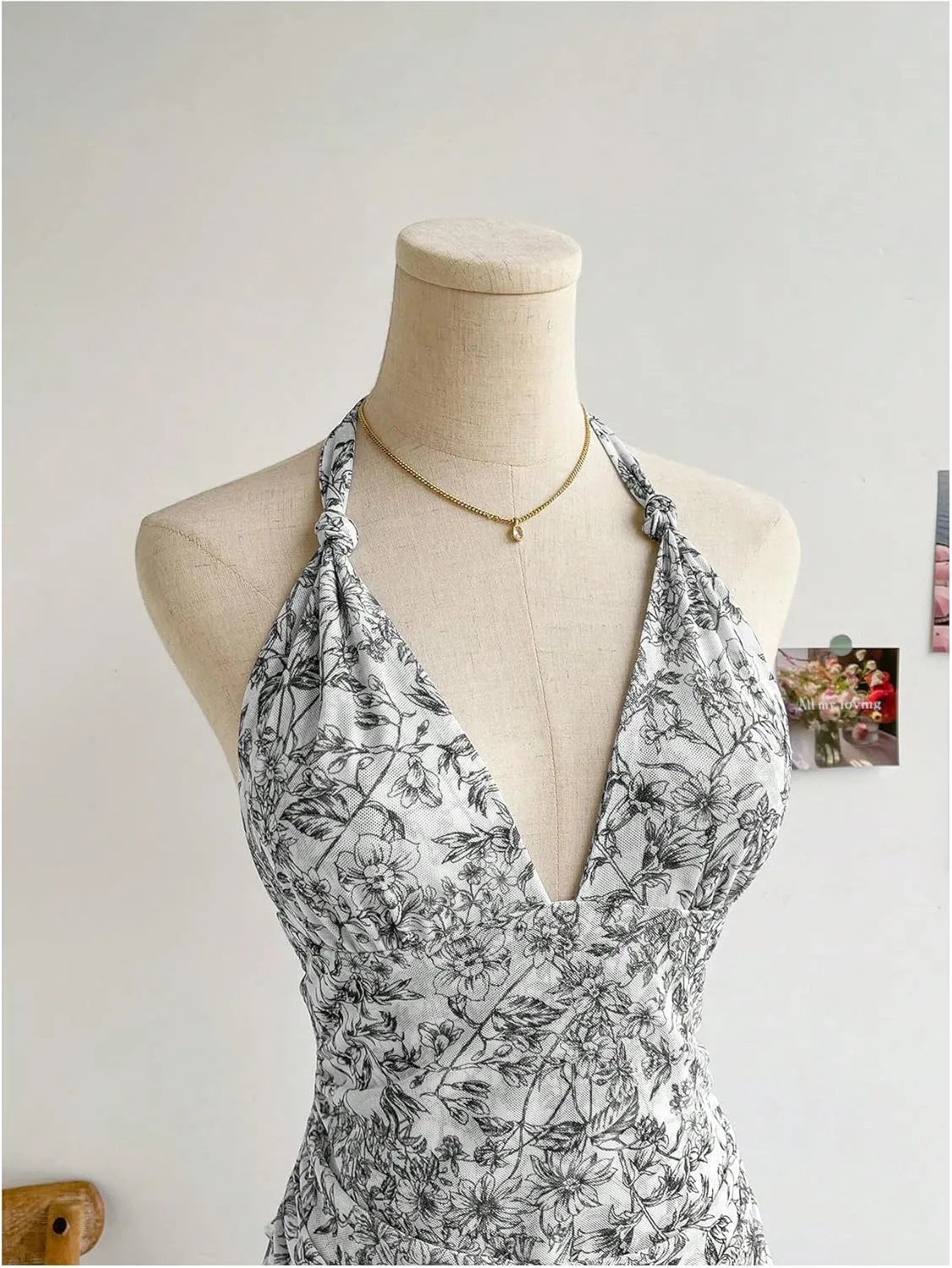 Women's Floral Print Sleeveless Halter Deep V Tie Mini Dress Ruched Backless Slim Fit Cami Dresses Knot Boho Dress