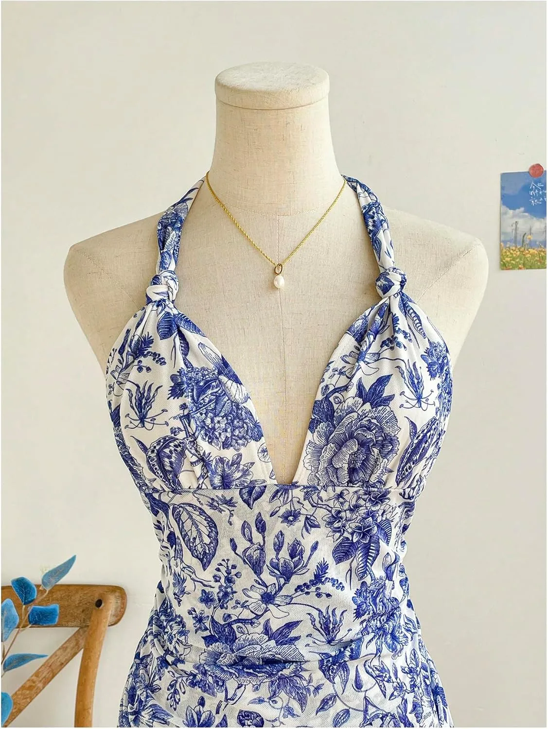 Women's Floral Print Sleeveless Halter Deep V Tie Mini Dress Ruched Backless Slim Fit Cami Dresses Knot Boho Dress