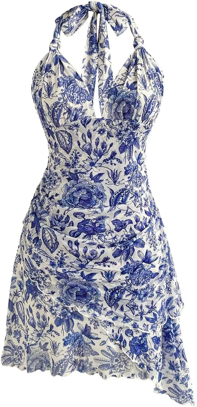 Women's Floral Print Sleeveless Halter Deep V Tie Mini Dress Ruched Backless Slim Fit Cami Dresses Knot Boho Dress