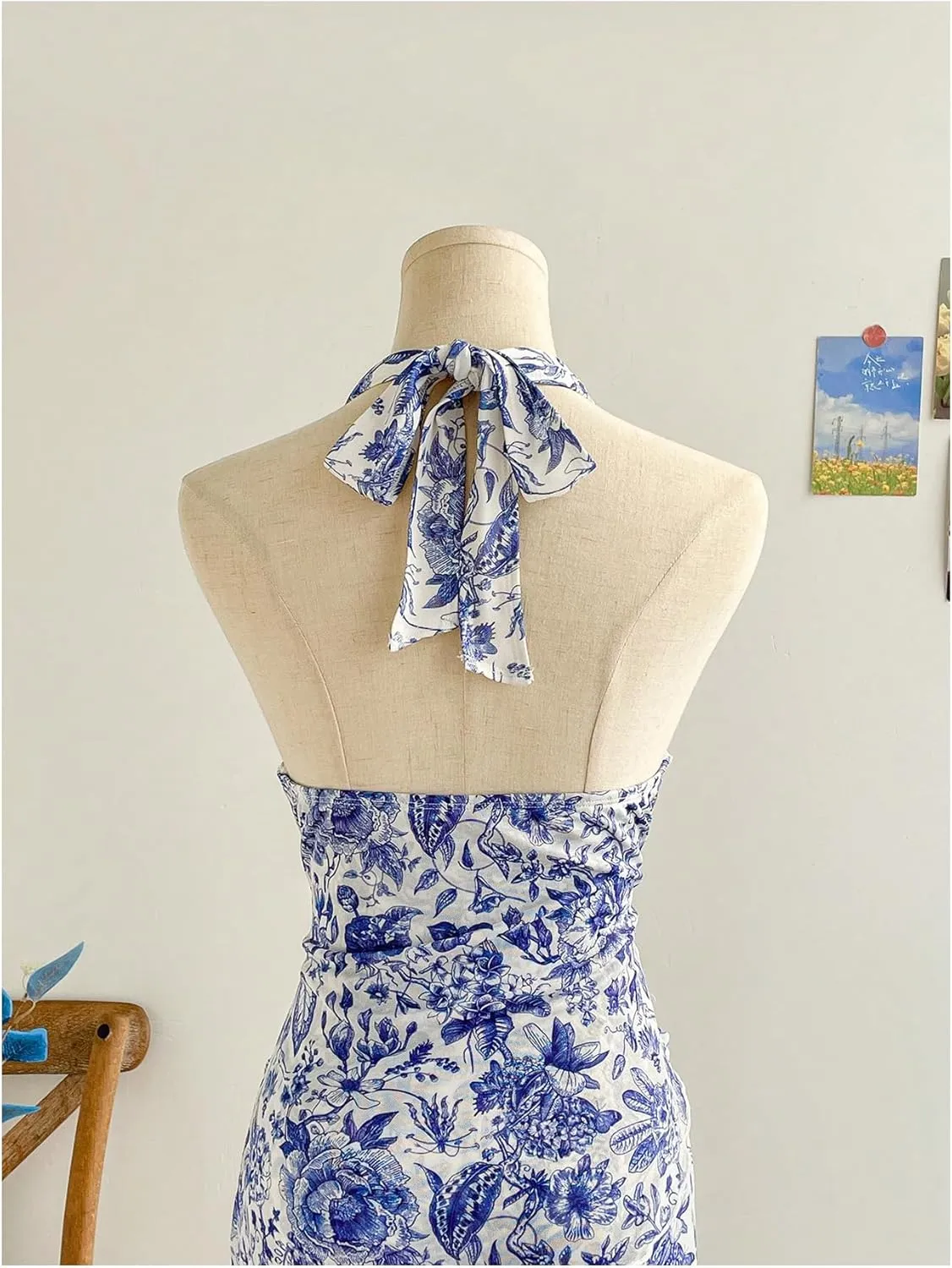 Women's Floral Print Sleeveless Halter Deep V Tie Mini Dress Ruched Backless Slim Fit Cami Dresses Knot Boho Dress