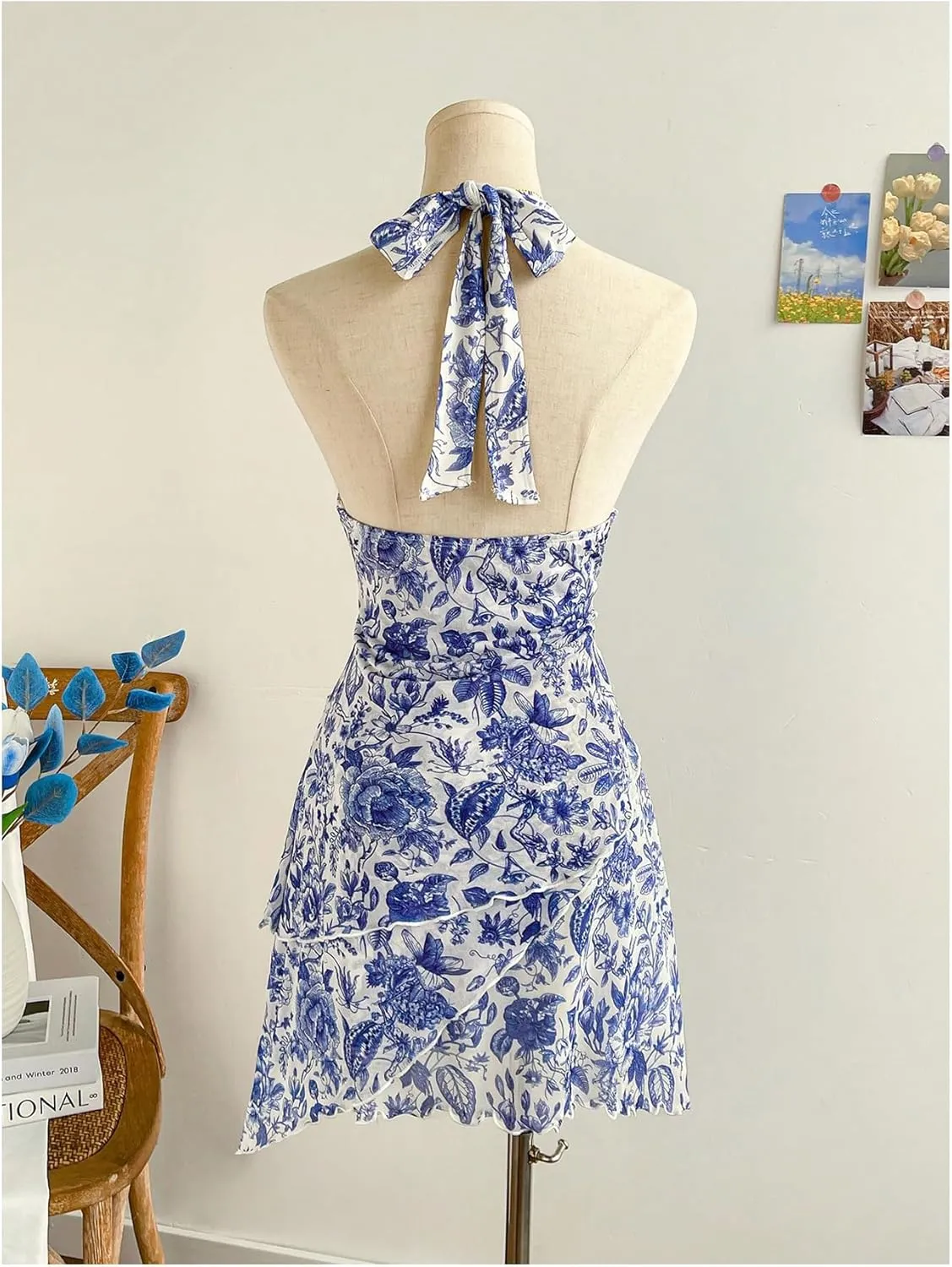 Women's Floral Print Sleeveless Halter Deep V Tie Mini Dress Ruched Backless Slim Fit Cami Dresses Knot Boho Dress
