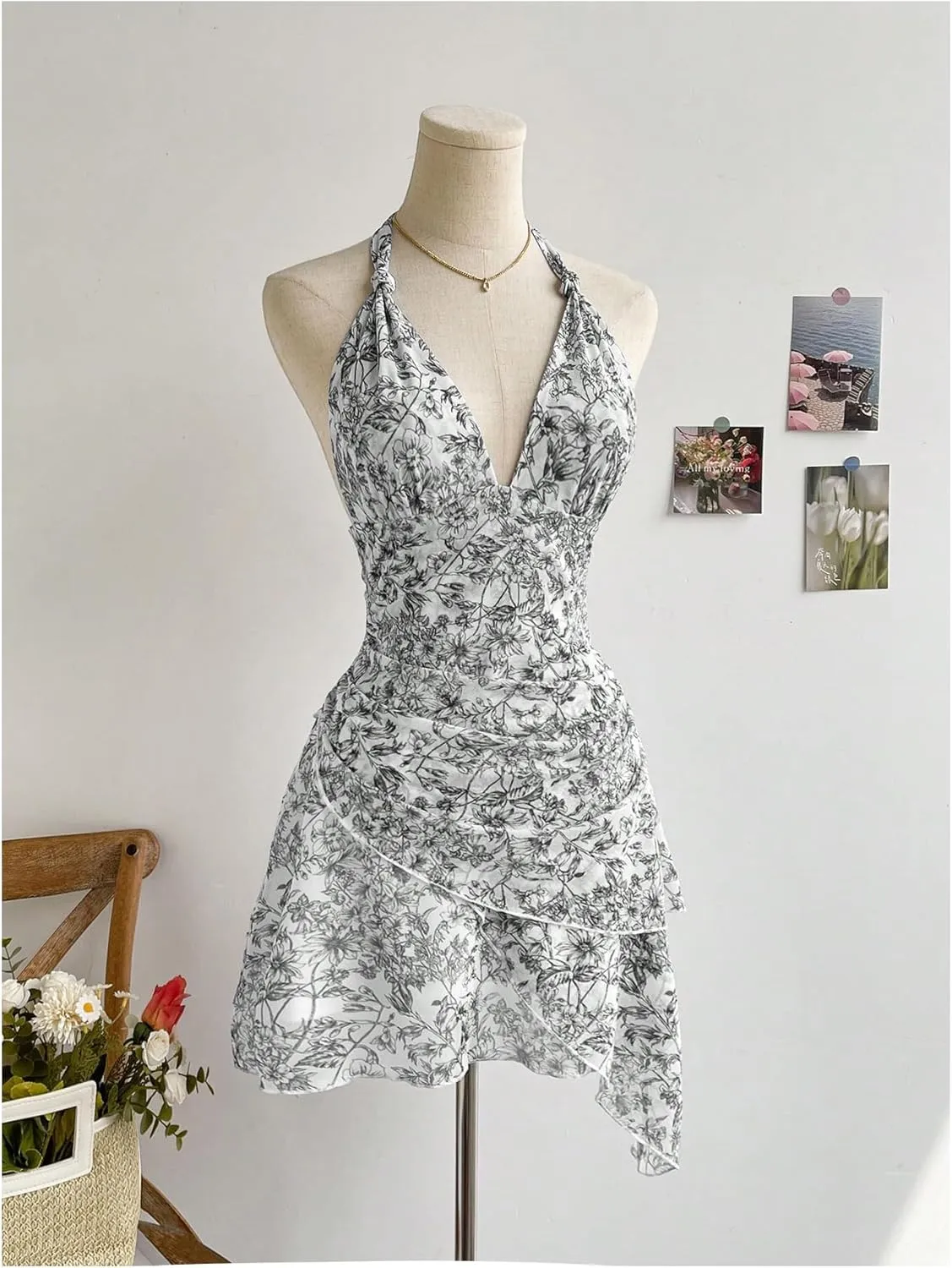 Women's Floral Print Sleeveless Halter Deep V Tie Mini Dress Ruched Backless Slim Fit Cami Dresses Knot Boho Dress