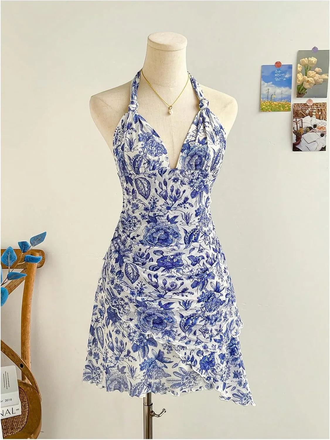 Women's Floral Print Sleeveless Halter Deep V Tie Mini Dress Ruched Backless Slim Fit Cami Dresses Knot Boho Dress