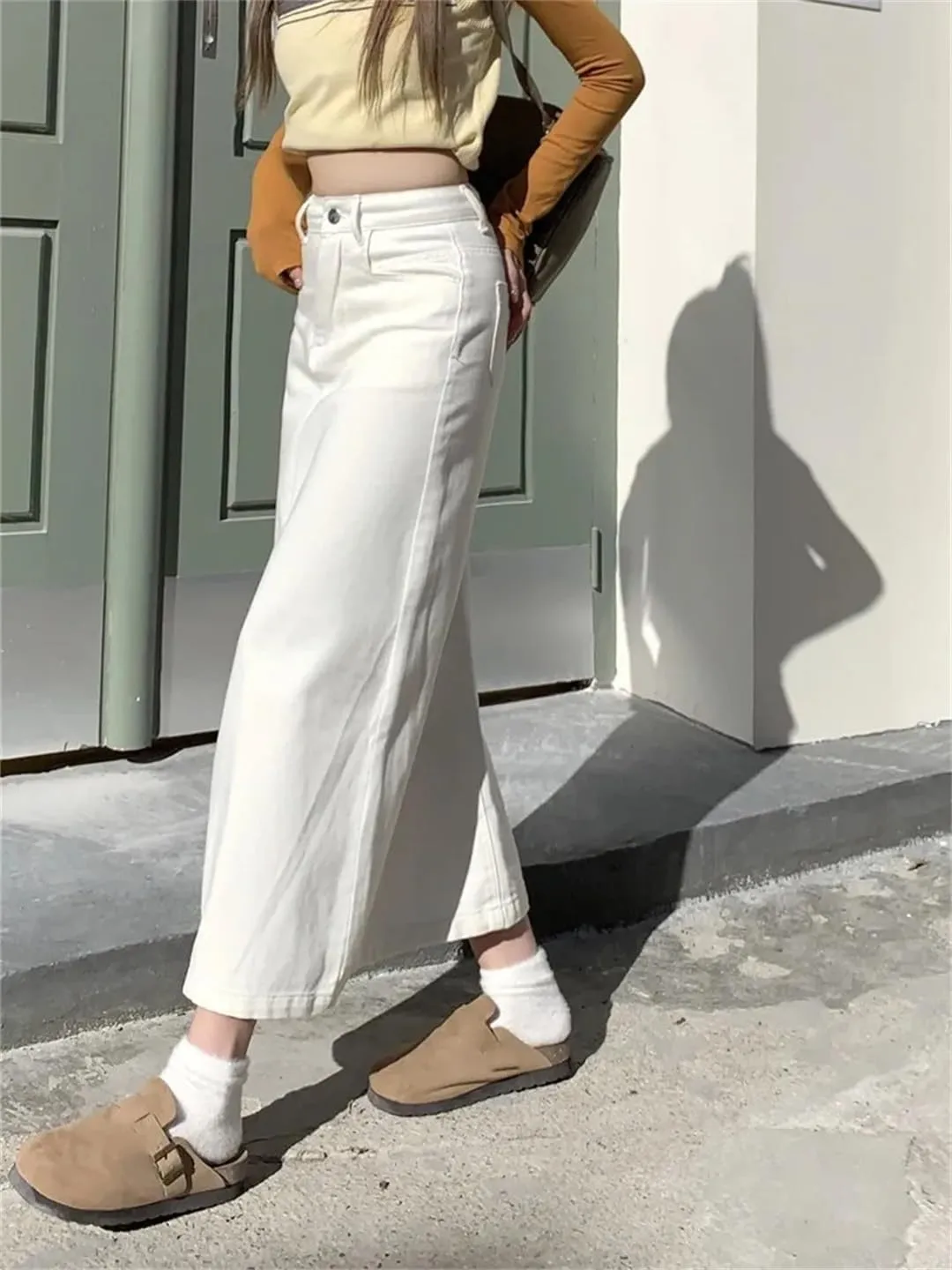 Women's Front Fork Jeans Skirt High Waisted Midi Skirts
