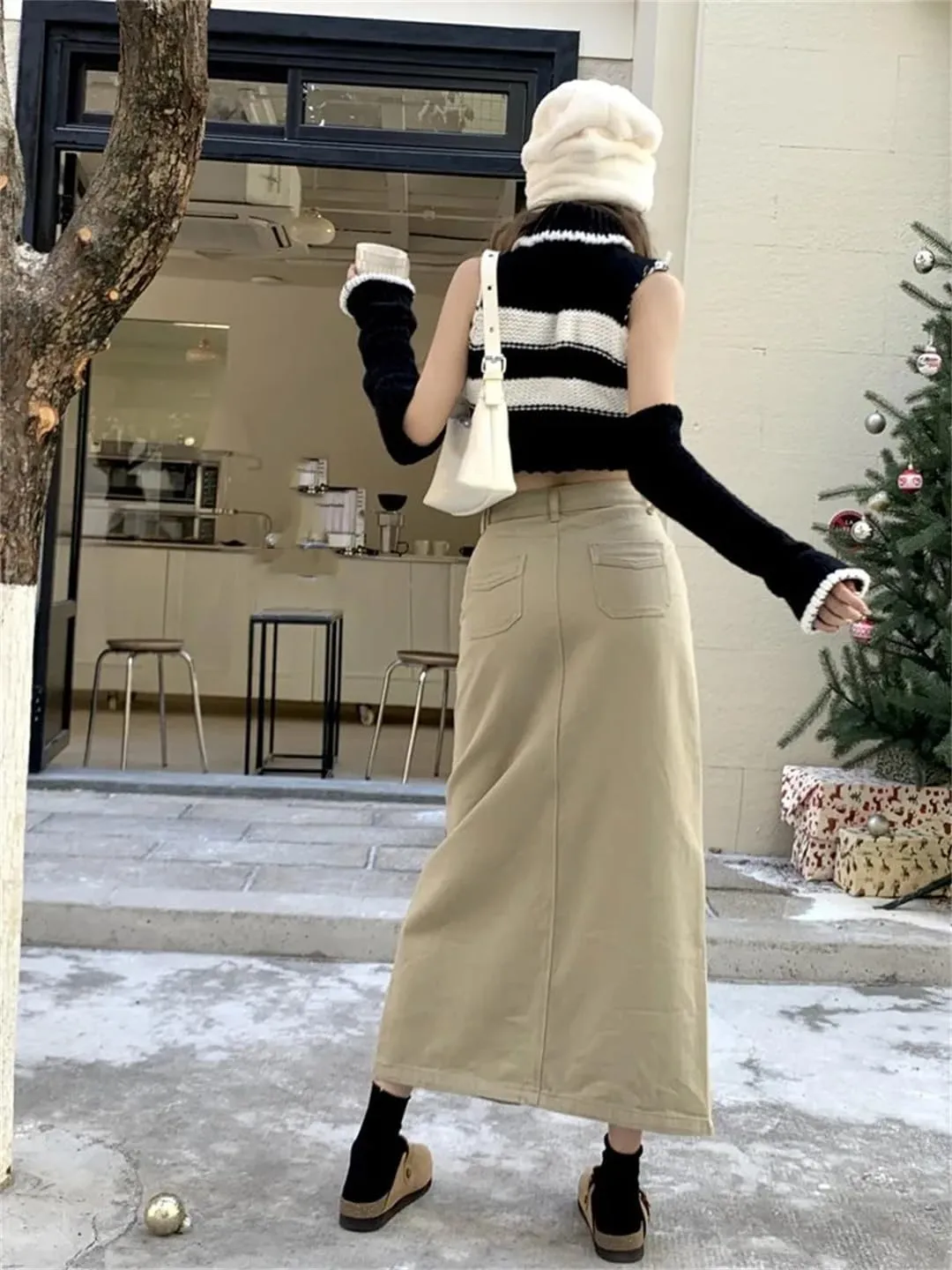 Women's Front Fork Jeans Skirt High Waisted Midi Skirts