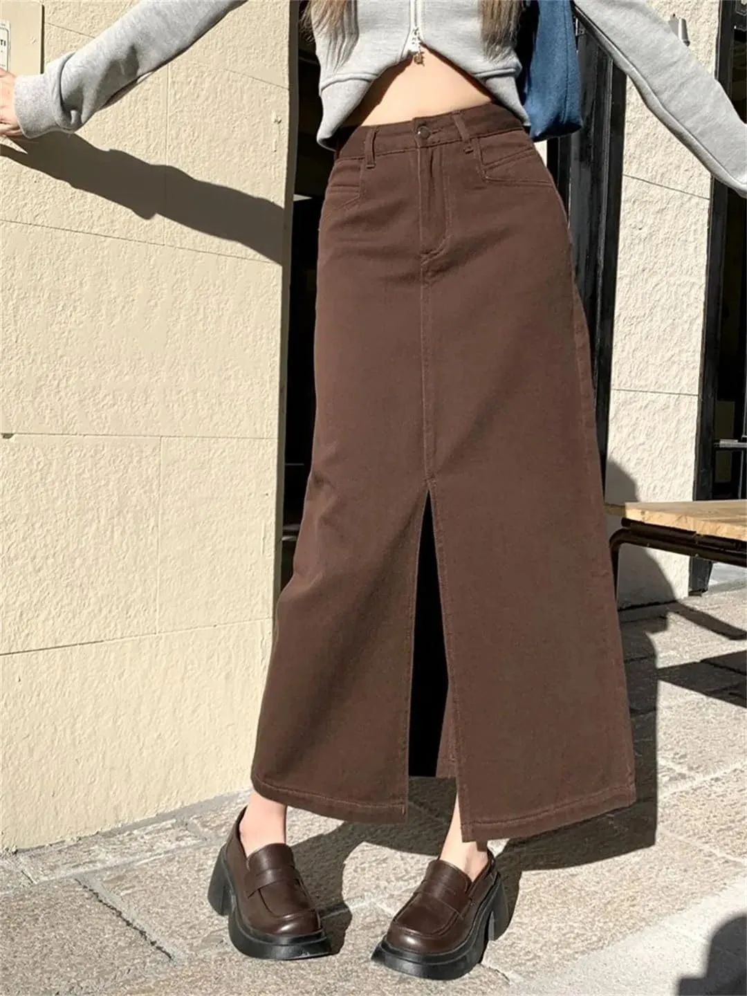 Women's Front Fork Jeans Skirt High Waisted Midi Skirts
