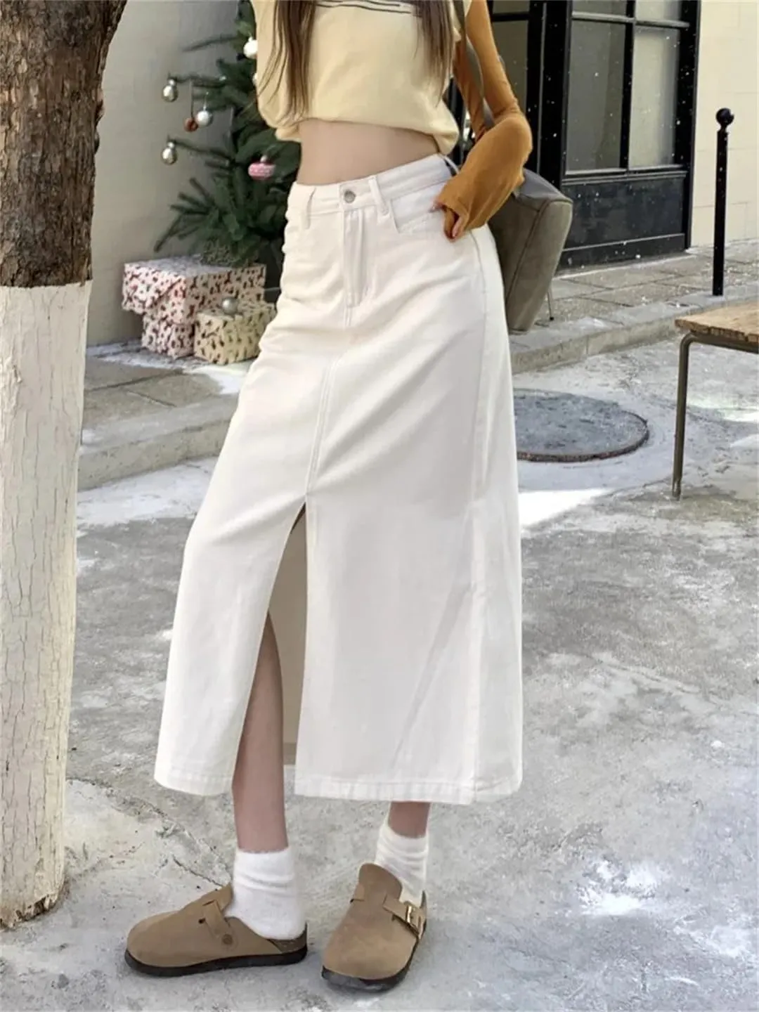 Women's Front Fork Jeans Skirt High Waisted Midi Skirts
