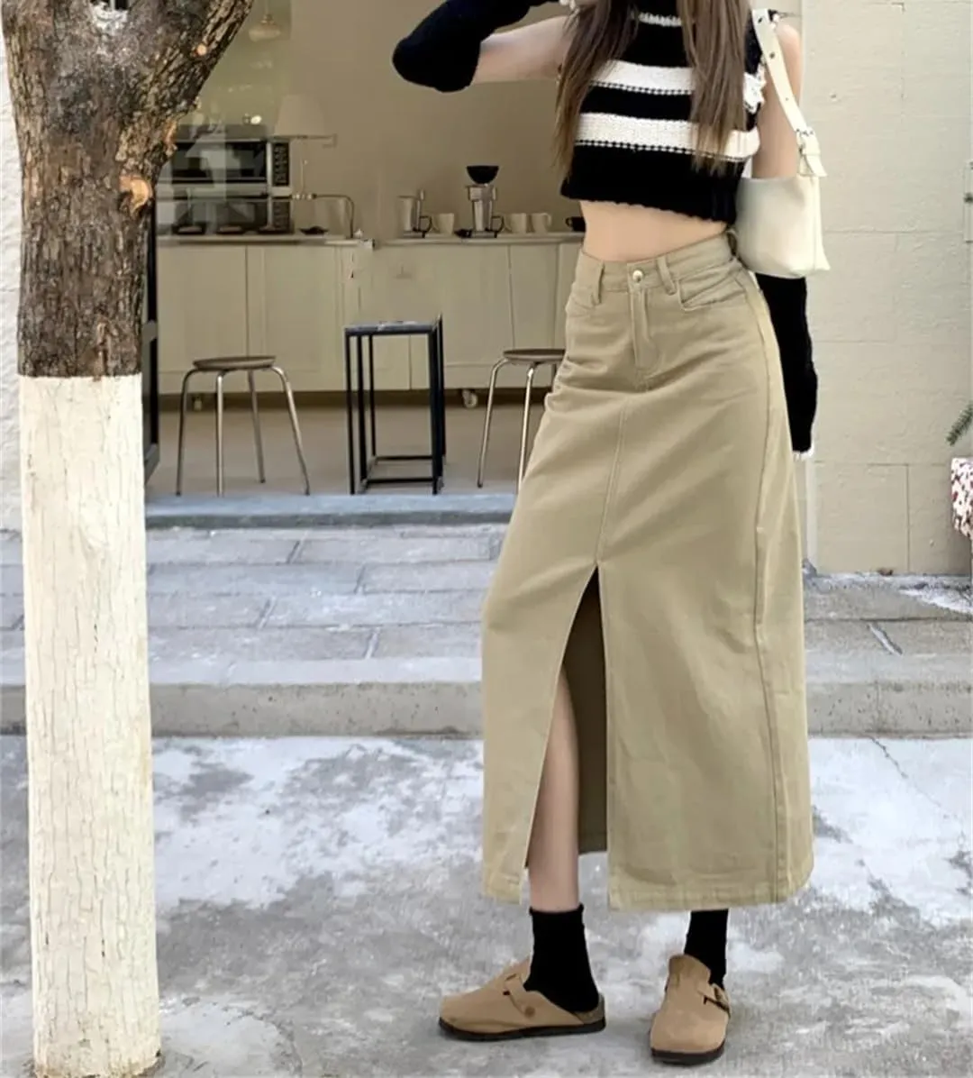 Women's Front Fork Jeans Skirt High Waisted Midi Skirts