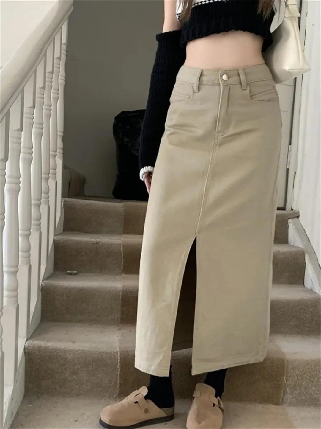 Women's Front Fork Jeans Skirt High Waisted Midi Skirts