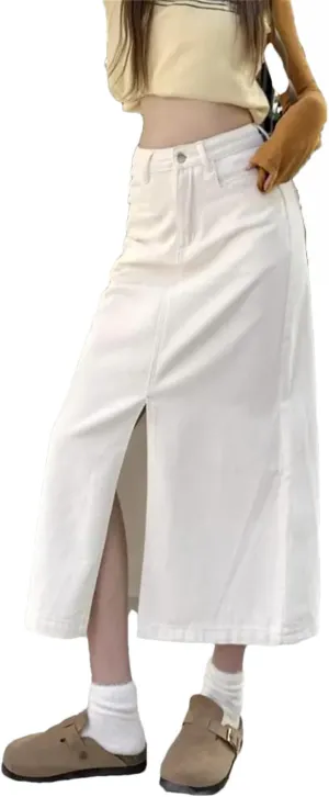 Women's Front Fork Jeans Skirt High Waisted Midi Skirts