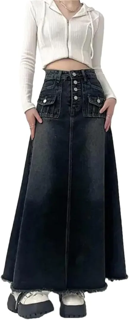 Women's High-Waisted Cargo Denim Skirt Long A-Line Retro Raw Edge Mid-Length Skirt