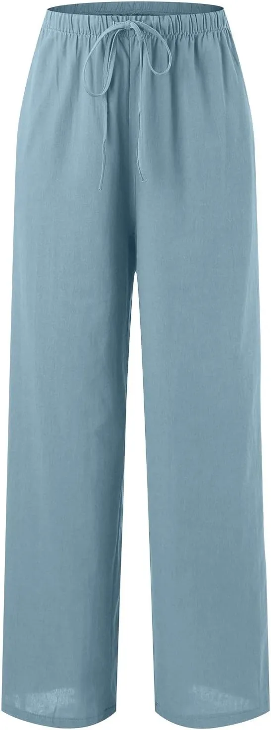 Women's Linen Blend Pants High Waisted Baggy Pants with Elastic Waist Relax Fit Lantern Trouser with Pockets