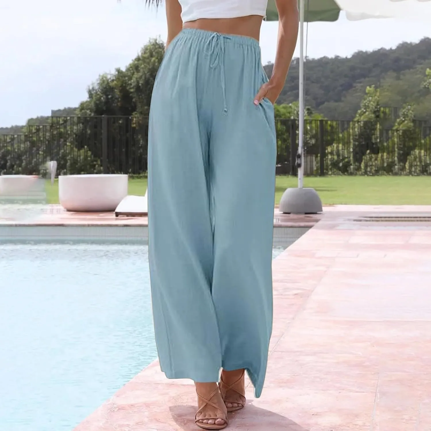 Women's Linen Blend Pants High Waisted Baggy Pants with Elastic Waist Relax Fit Lantern Trouser with Pockets