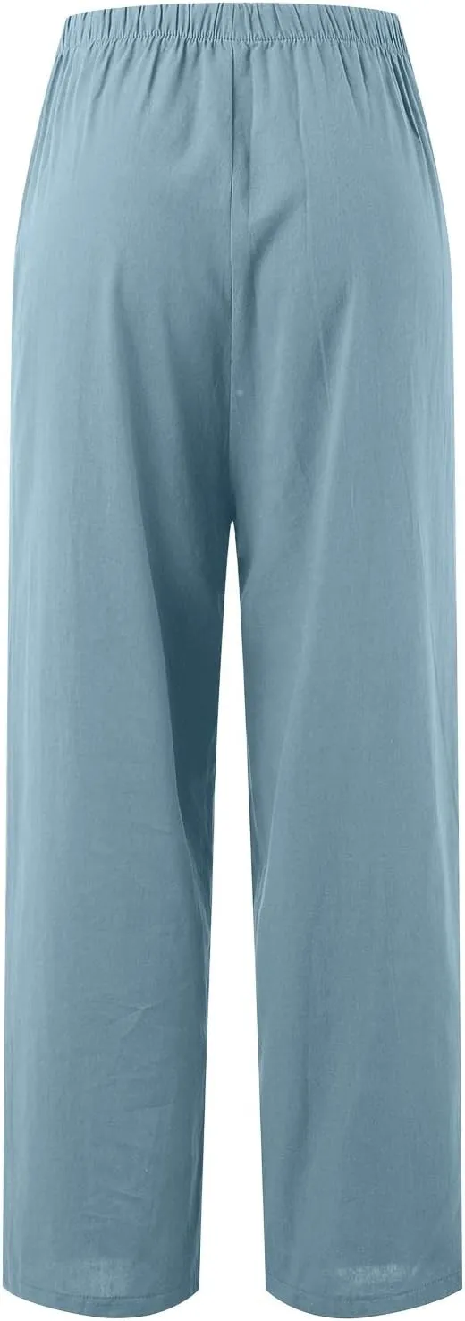 Women's Linen Blend Pants High Waisted Baggy Pants with Elastic Waist Relax Fit Lantern Trouser with Pockets