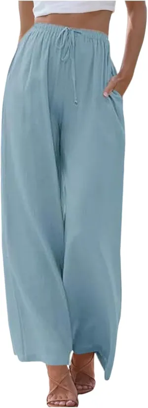 Women's Linen Blend Pants High Waisted Baggy Pants with Elastic Waist Relax Fit Lantern Trouser with Pockets
