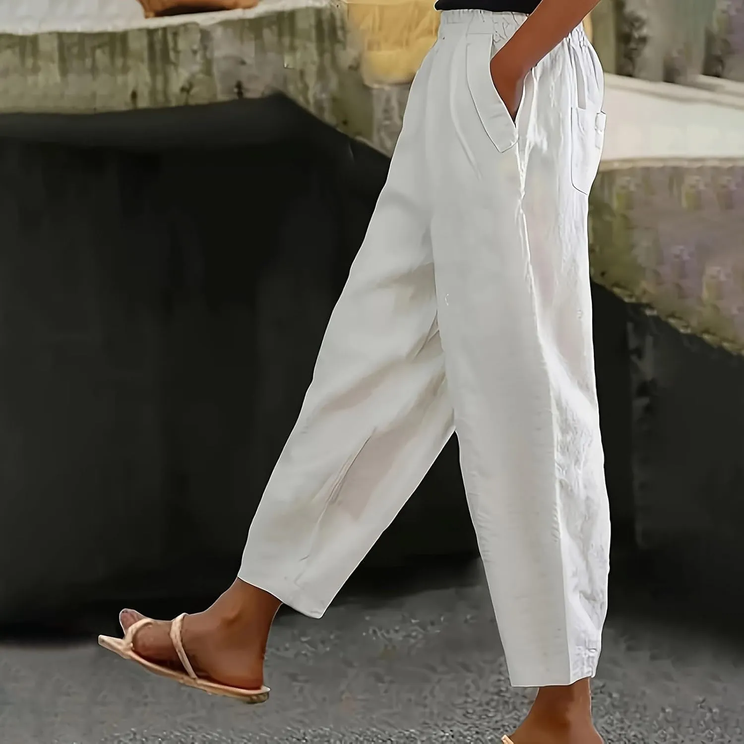 Womens Linen Pants Plus Size Palazzo Pants Wide Leg Pant Loose Fit Casual Comfy Lounge Flowy High Waist Trousers