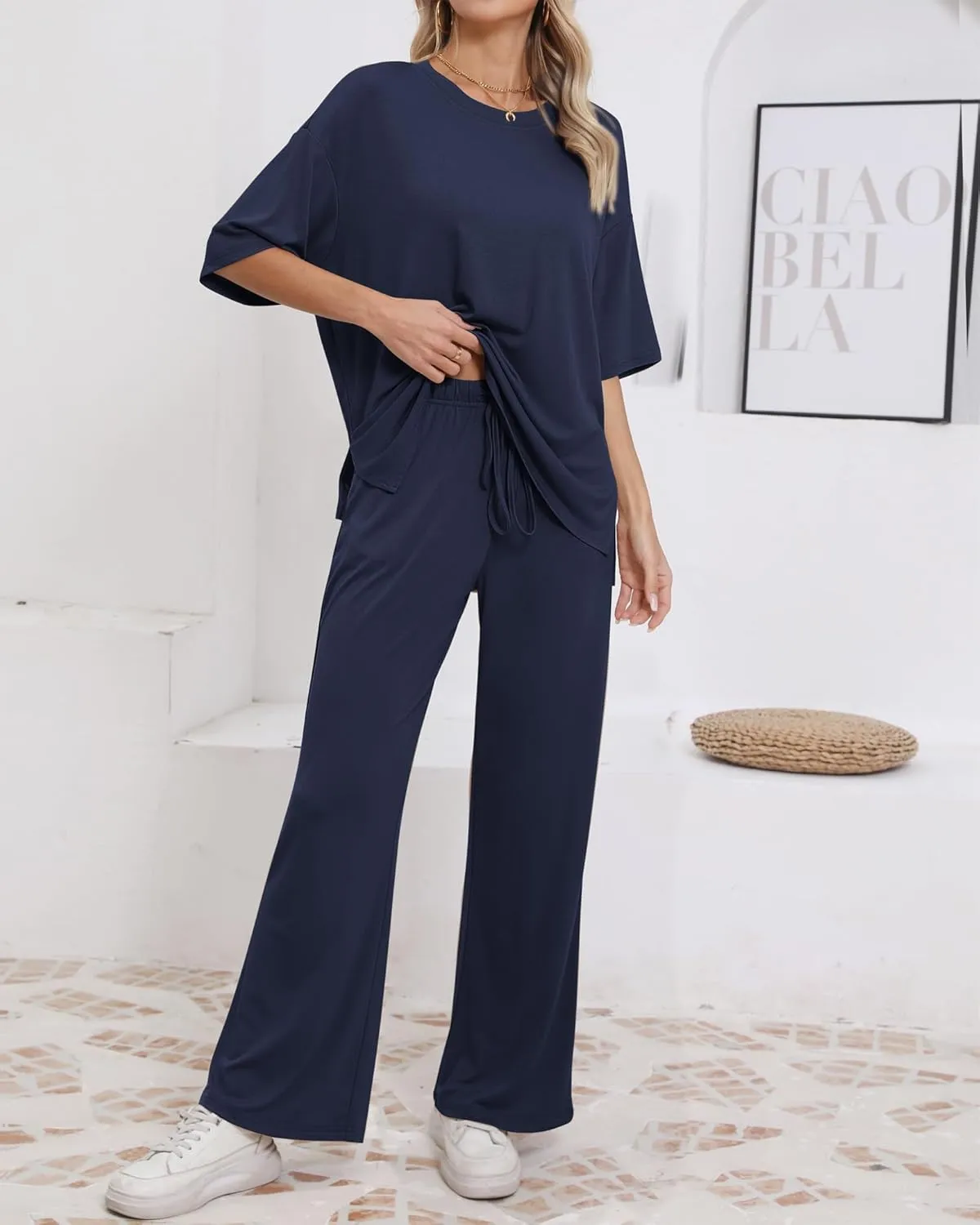 Womens Lounge Set 2 Piece Outfits Casual Loose Fit Short Sleeve Tops and Wide Leg Pants Tracksuits
