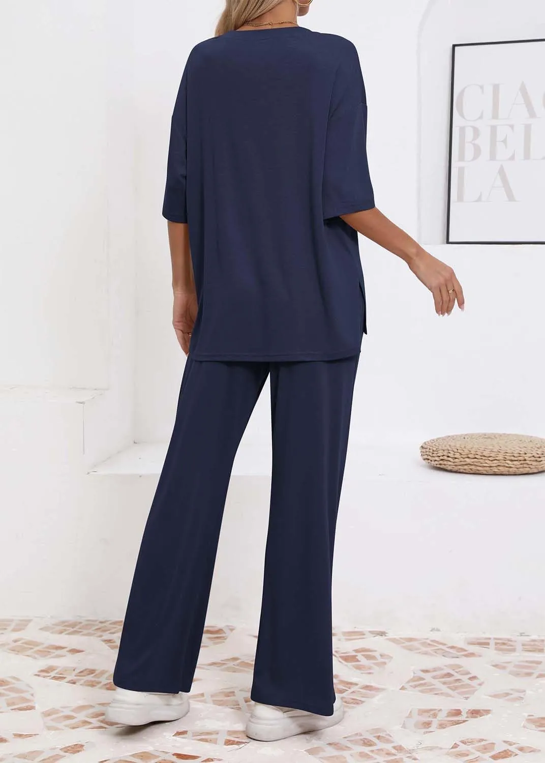Womens Lounge Set 2 Piece Outfits Casual Loose Fit Short Sleeve Tops and Wide Leg Pants Tracksuits