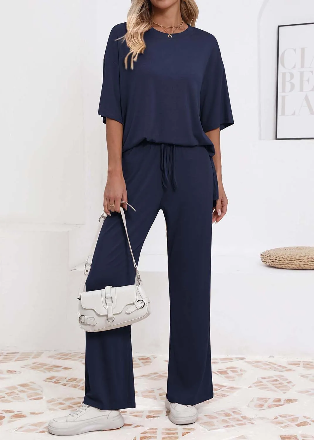 Womens Lounge Set 2 Piece Outfits Casual Loose Fit Short Sleeve Tops and Wide Leg Pants Tracksuits