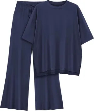 Womens Lounge Set 2 Piece Outfits Casual Loose Fit Short Sleeve Tops and Wide Leg Pants Tracksuits