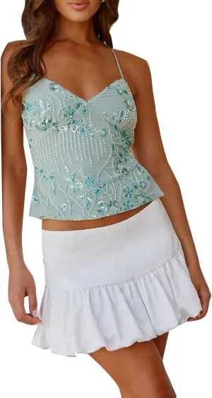 Women's Sequin Tops Sleeveless V Neck Sparkly Pearl Embellished Floral Camisole Backless Going Out Tank Top