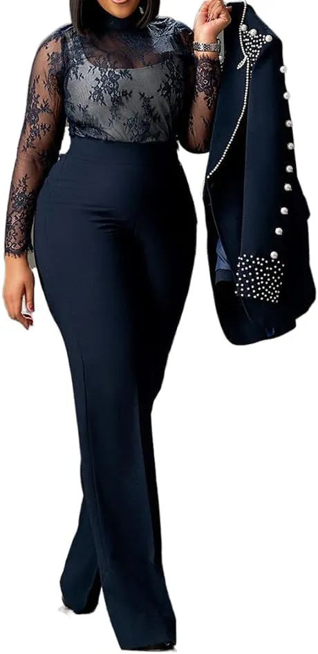 Womens Suit Sets Elegant Pearls Mother of The Bride Dresses Vintage One Button Pocket Blazer Flare Pants Prom Party