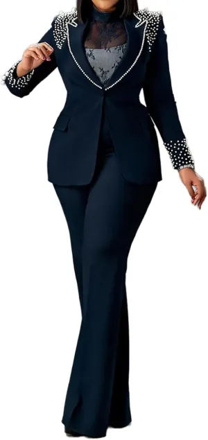 Womens Suit Sets Elegant Pearls Mother of The Bride Dresses Vintage One Button Pocket Blazer Flare Pants Prom Party