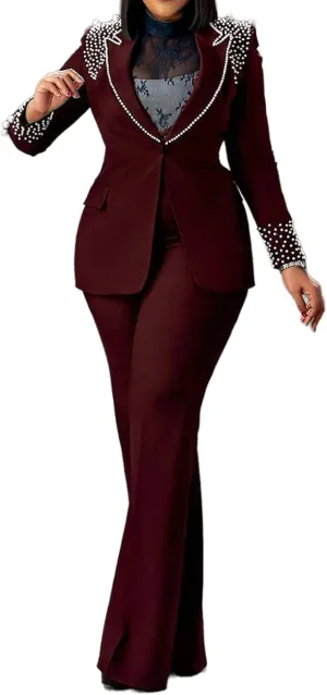 Womens Suit Sets Elegant Pearls Mother of The Bride Dresses Vintage One Button Pocket Blazer Flare Pants Prom Party