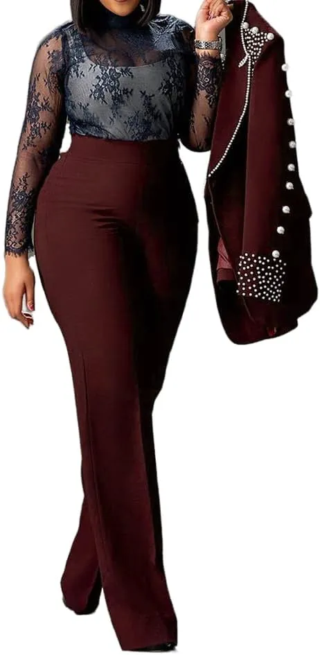 Womens Suit Sets Elegant Pearls Mother of The Bride Dresses Vintage One Button Pocket Blazer Flare Pants Prom Party