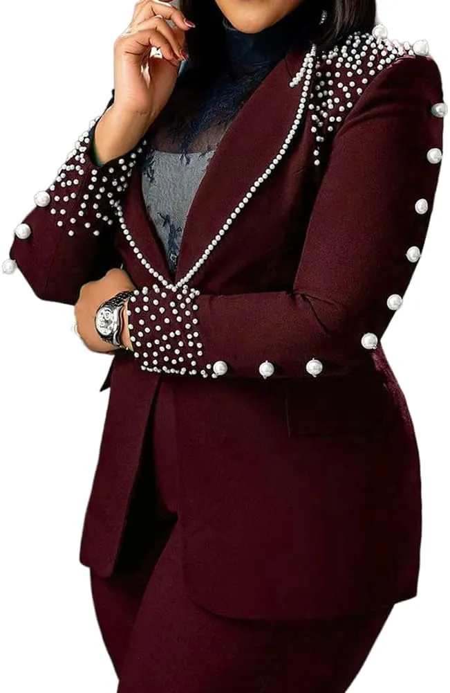 Womens Suit Sets Elegant Pearls Mother of The Bride Dresses Vintage One Button Pocket Blazer Flare Pants Prom Party