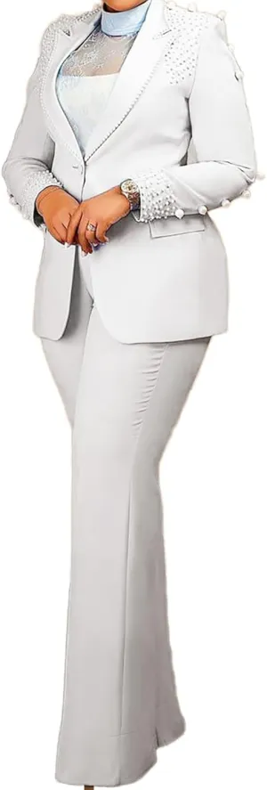 Womens Suit Sets Elegant Pearls Mother of The Bride Dresses Vintage One Button Pocket Blazer Flare Pants Prom Party