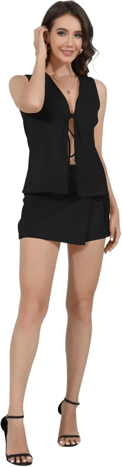 Women's Summer 2 Piece Outfits Sleeveless Matching Sets Lace Up V Neck Vest Waistcoat   Mini Skorts Skirts