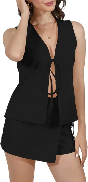 Women's Summer 2 Piece Outfits Sleeveless Matching Sets Lace Up V Neck Vest Waistcoat   Mini Skorts Skirts