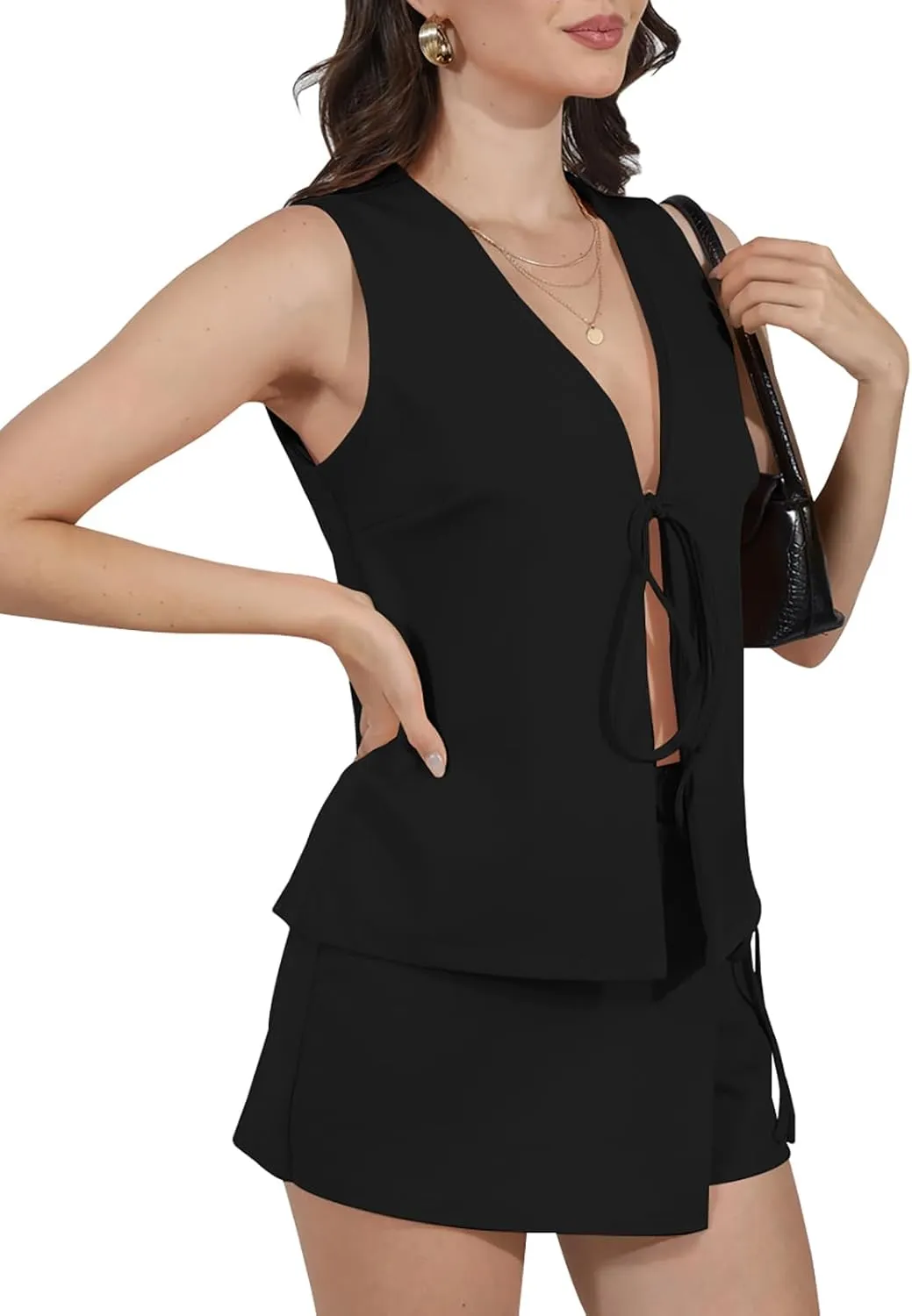 Women's Summer 2 Piece Outfits Sleeveless Matching Sets Lace Up V Neck Vest Waistcoat   Mini Skorts Skirts