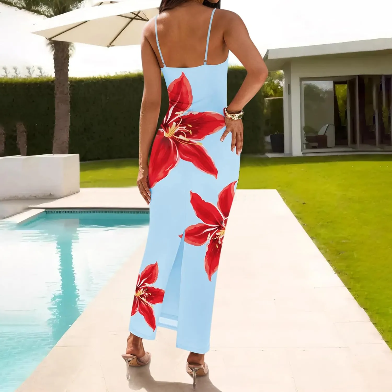 Womens Summer Bodycon Maxi Dresses 2025 Floral Spaghetti Strap Square Neck Sleeveless Boho Beach Long Sun Dress