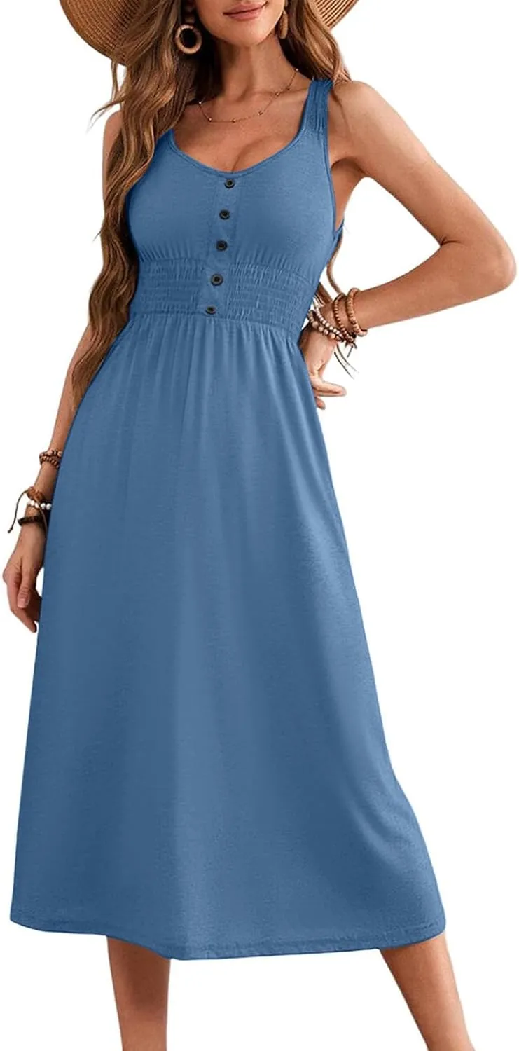 Women's Summer Dresses 2025 Sleeveless Button Down Smocked Empire Waist Casual A-Line Swing Midi Dress Tanks Sundress