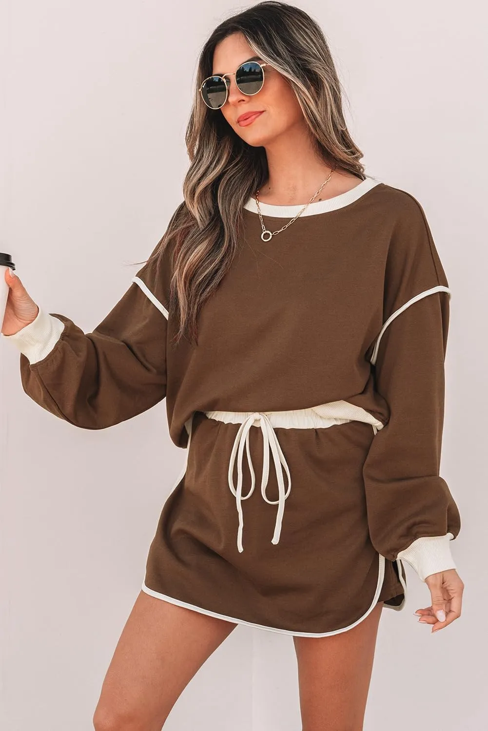 Womens Summer Lounge Sets Contrast Loose Evergreen Pullover Lace-up Waist Skort Set Tracksuit Set Outfits