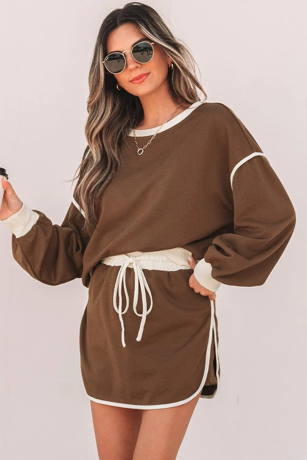 Womens Summer Lounge Sets Contrast Loose Evergreen Pullover Lace-up Waist Skort Set Tracksuit Set Outfits