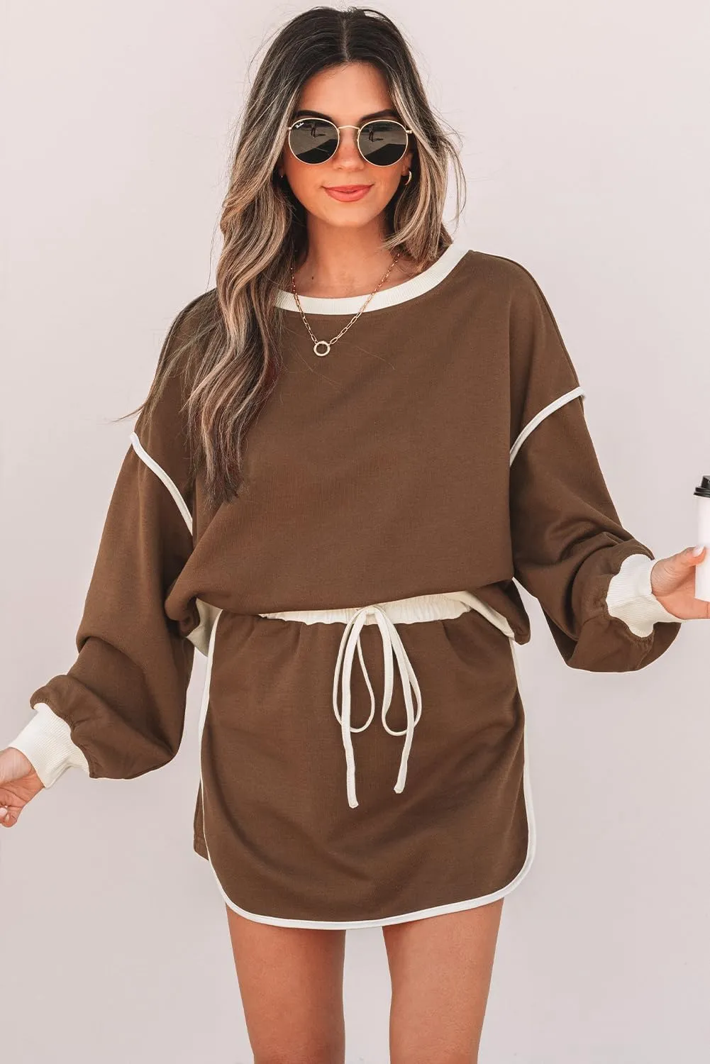 Womens Summer Lounge Sets Contrast Loose Evergreen Pullover Lace-up Waist Skort Set Tracksuit Set Outfits