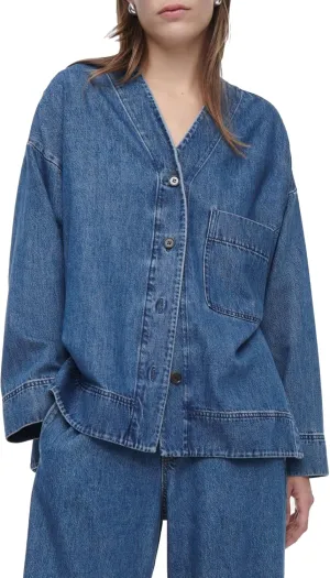 Women's V Neck Button Down Casual Jean Jacket Boyfriend Oversized Long Sleeve Split Denim Jacket
