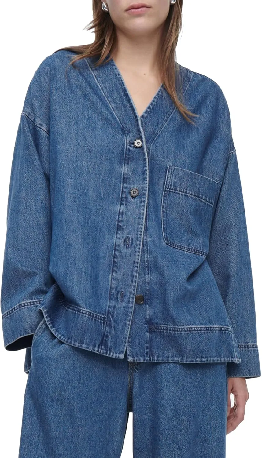 Women's V Neck Button Down Casual Jean Jacket Boyfriend Oversized Long Sleeve Split Denim Jacket