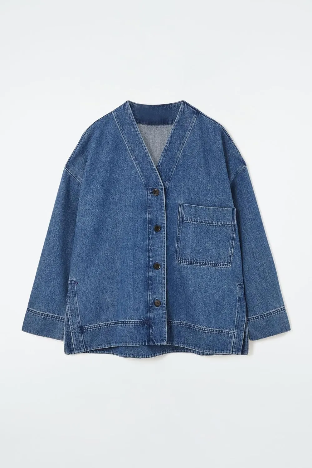 Women's V Neck Button Down Casual Jean Jacket Boyfriend Oversized Long Sleeve Split Denim Jacket