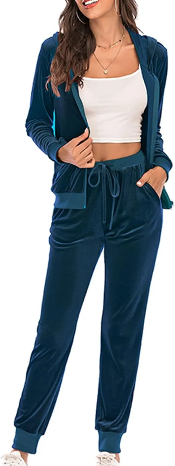 Women's Velour Tracksuits 2 Piece Outfits Trendy Velvet Hoodie & Sweatpants Sweatsuit Set Fall Winter Sportswear
