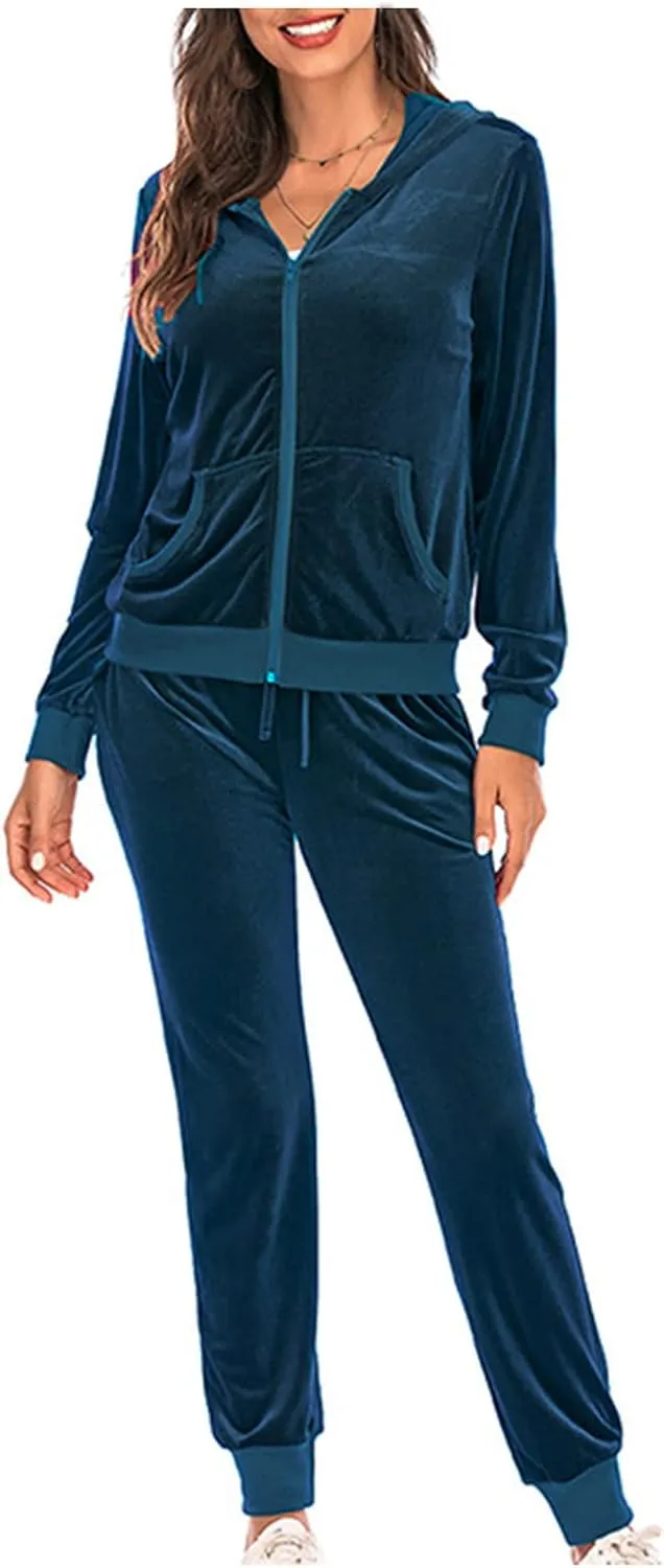 Women's Velour Tracksuits 2 Piece Outfits Trendy Velvet Hoodie & Sweatpants Sweatsuit Set Fall Winter Sportswear