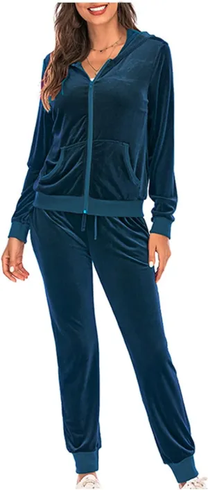 Women's Velour Tracksuits 2 Piece Outfits Trendy Velvet Hoodie & Sweatpants Sweatsuit Set Fall Winter Sportswear