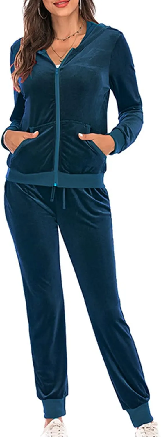 Women's Velour Tracksuits 2 Piece Outfits Trendy Velvet Hoodie & Sweatpants Sweatsuit Set Fall Winter Sportswear