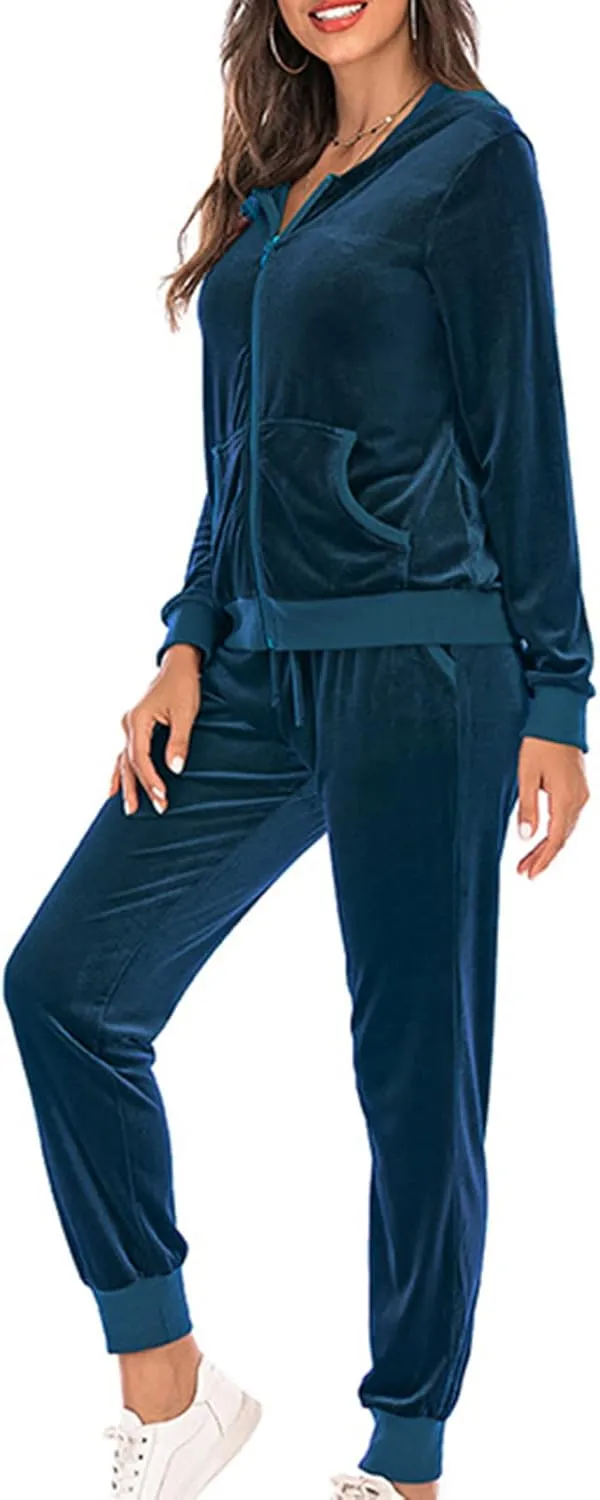 Women's Velour Tracksuits 2 Piece Outfits Trendy Velvet Hoodie & Sweatpants Sweatsuit Set Fall Winter Sportswear